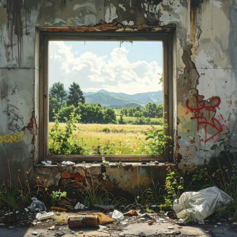 a window in a dirty graffitied wall, through the window can be seen green fields