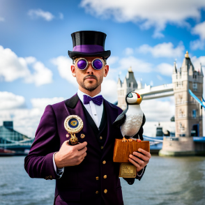 Stability AI: “steampunk ‘Lord Mayor’ of the ‘City of London’ standing in front of Tower Bridge wearing purple goggles with his battle puffin